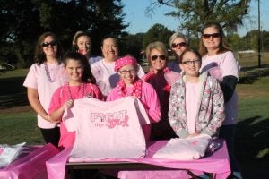 Participants in the Denim and Pearls Breast Cancer Awareness Walk at Trussell Park October 22 included (in front, from left) Makenzie Hancock, Cloe Anderson and Laiken Shaw; (back) Tiffany Bridges, Kaylen Ware, Nancy Ware, Heather Anderson, Mary Hancock and Angie Inman. The Panolian photo by Glennie Pou